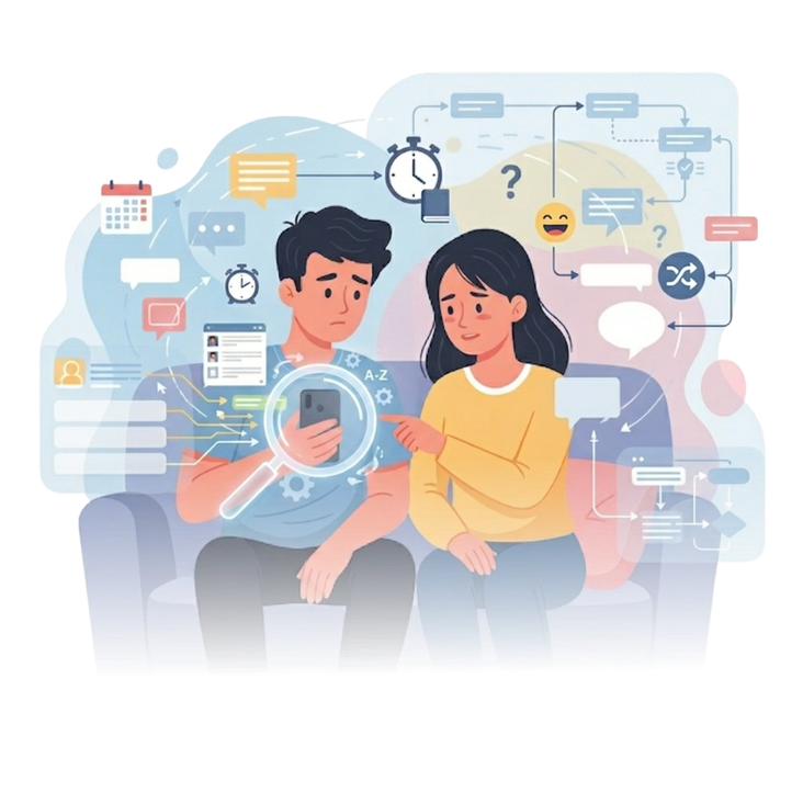 Ilustração de casal cercado por ícones de notificações representando sobrecarga mental